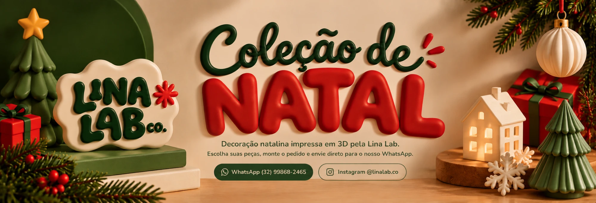 Lina Lab – Coleção de Natal. Decoração natalina impressa em 3D. WhatsApp (32) 99868-2465, Instagram @linalab.co